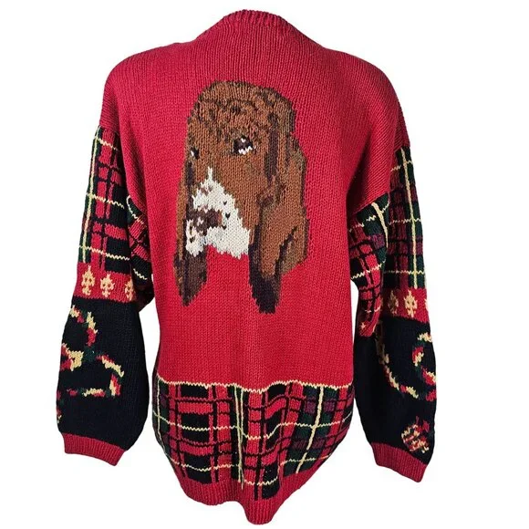 Vtg 1990 Eagles Eye Tartan Plaid Sweater Sz M Hound Dog Pipe Ugly Christmas - Picture 3 of 12